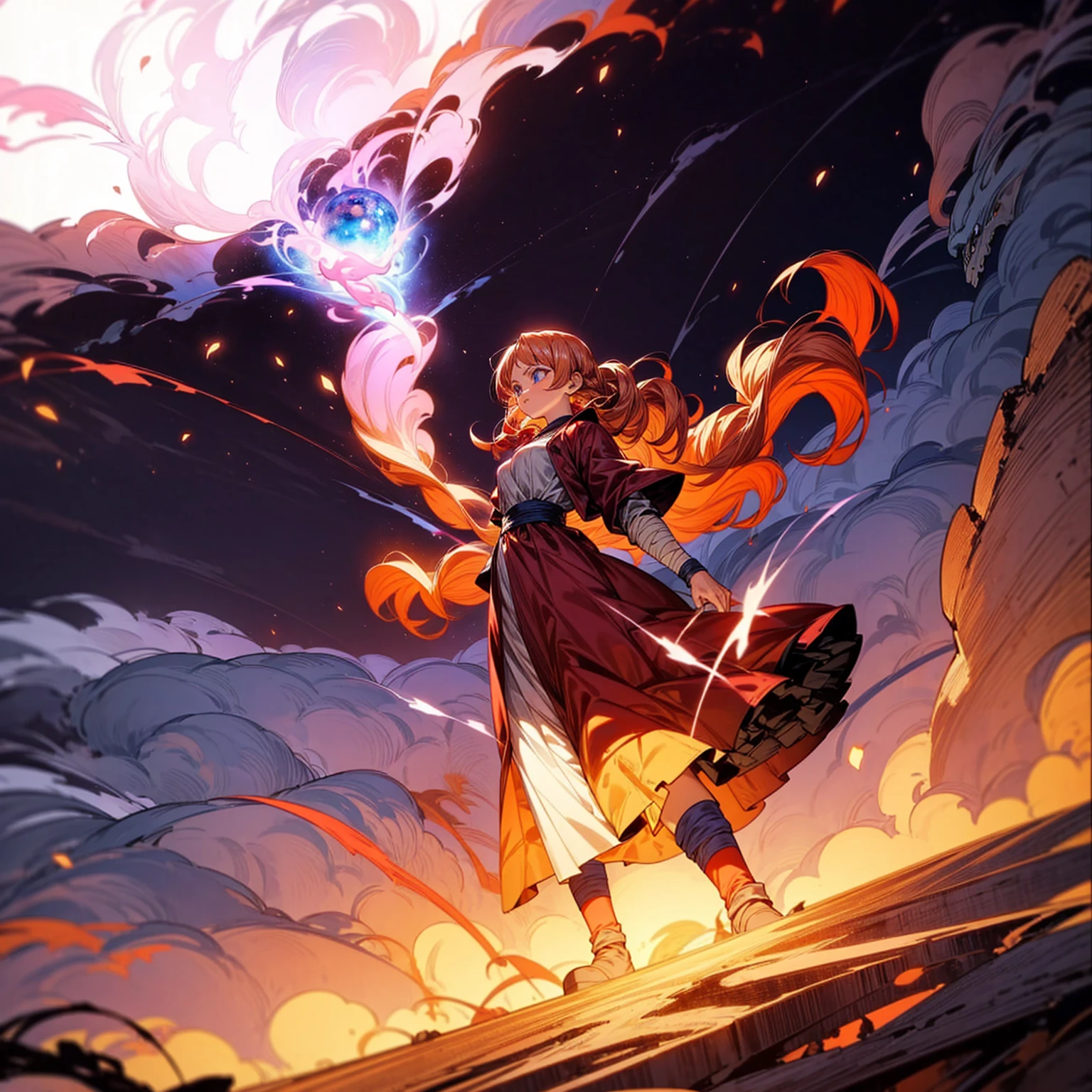 1woman, 1character, woman version, blue eyes, long Curly haircut, pink colour hair, Ancient Roman clothing, red colour clothing, long dress, boots, Bandage on hand, Grassroots, background in field town, motion blur, big fire burned in hand, ((dragon ball art)), (high angle view), smoke effect, aura effect, blue lighting, (the largest blue fireball), Moonlight, moon, fireball light silhouette, blue fire, lightning flash, plasma effect 