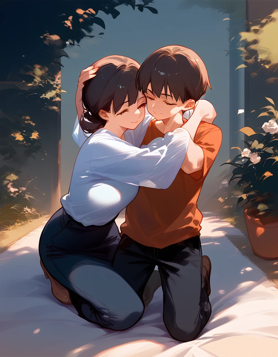 score_9, score_8_up, score_7_up, source_anime, 1boy, 1girl, mature female, mother and son, ???, hug, smile, hand on head, kneeling,