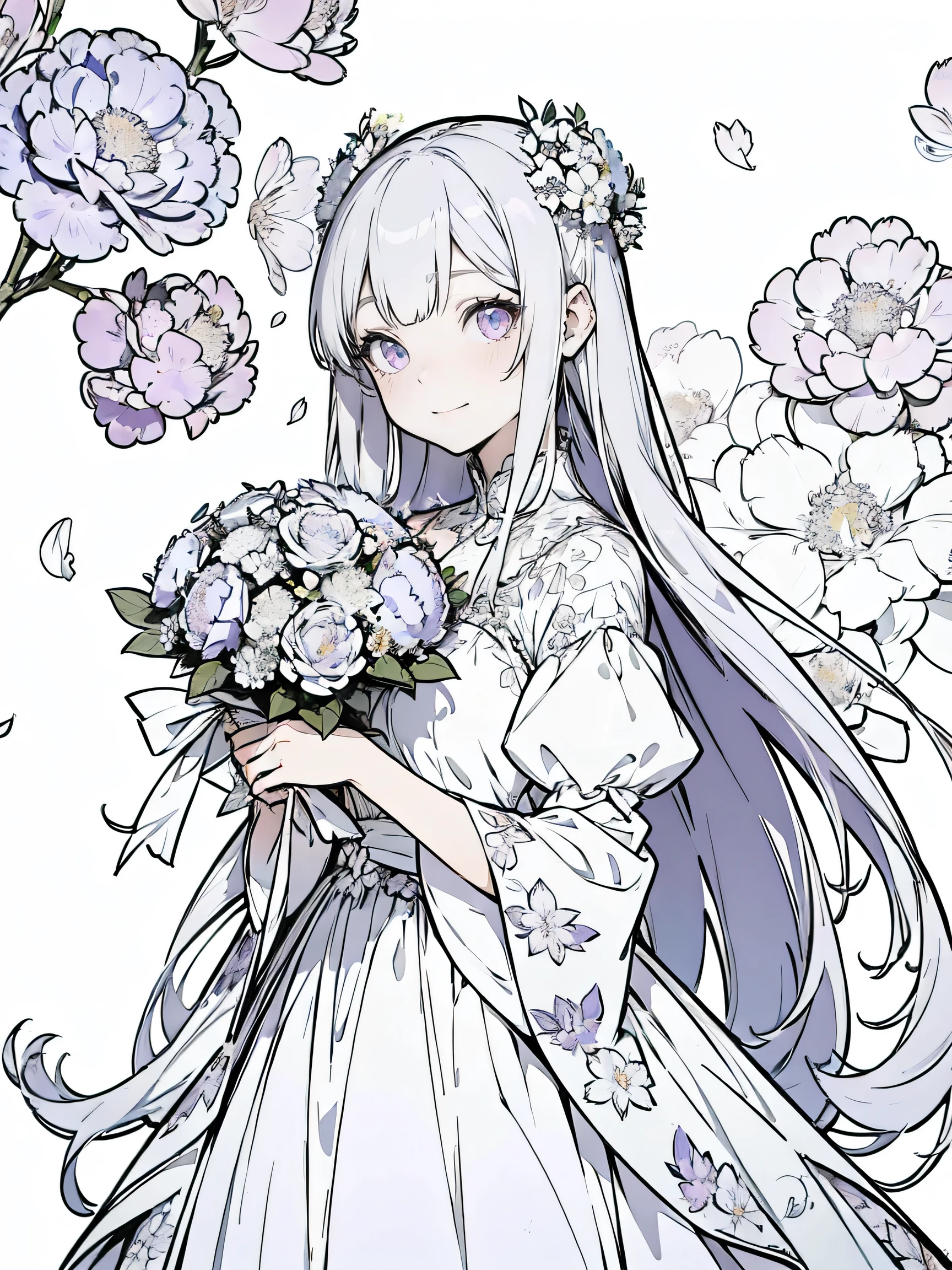 Anime girl with long white hair and a purple dress holding a bouquet, Anime Drawings, Hydrangea, Anime Goddess, purple eyes and White Dress, Wearing a dress, White Dress, Silver Hair, Beautiful anime artwork, Beautiful floral background, pretty girl, smile, Strong outline, most Flowers in detail, Flowers in detail, Flowers in detail,