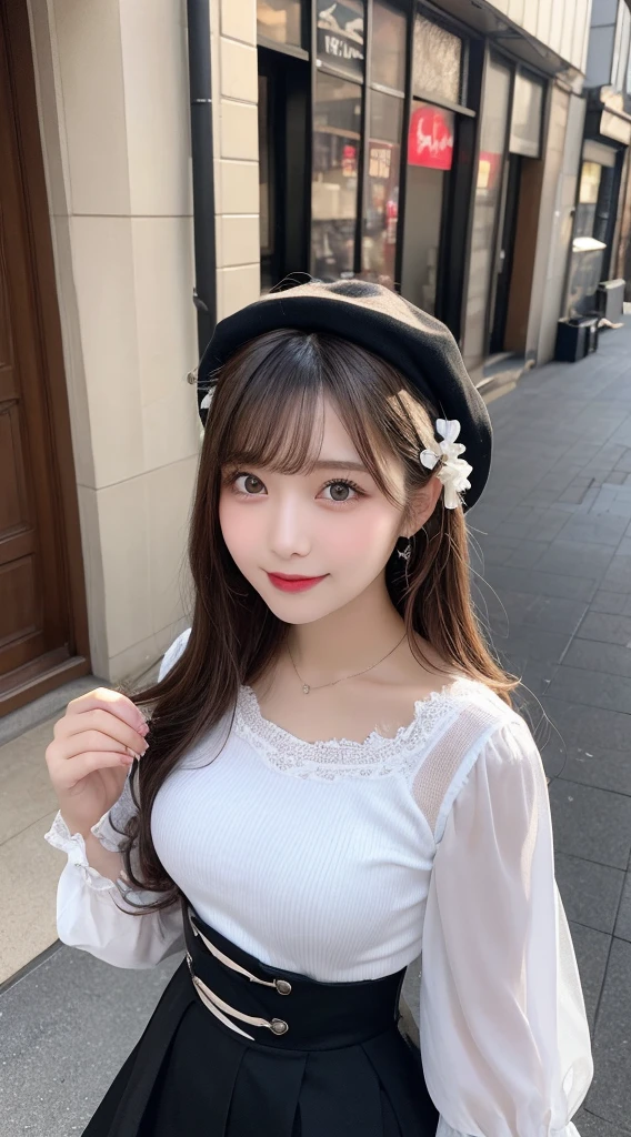 table top, highest quality, figure, super detailed, finely, High resolution, 8k wallpaper, Perfect dynamic composition, beautiful and fine eyes, medium hair,small breasts natural color lip, bold sexy pose,smile,harajuku、20 year old girl、cute、sexy shot looking at camera、gothic lolita clothes、skirt、blouse