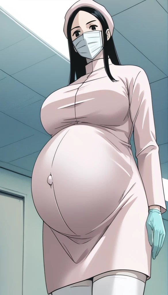 score_9,  score_8_up, score_7_up, source_anime, raw image, masterpiece, highest quality, kasuganoray, pale skin, eyes have a plan, long black hair, big breasts, scrubs, surgical mask, bouffant cap, long sleeve maternity dress, put on another long sleeved coat, seamless, navel head, the dress isn't wrinkled, long white stockings,
1girl, pregnant, solo, long rubber gloves, looking down, look at viewer, furrowed brow, hospital bed, light shines from the ceiling, standing, patient room background, she is inquiring about the patient's condition