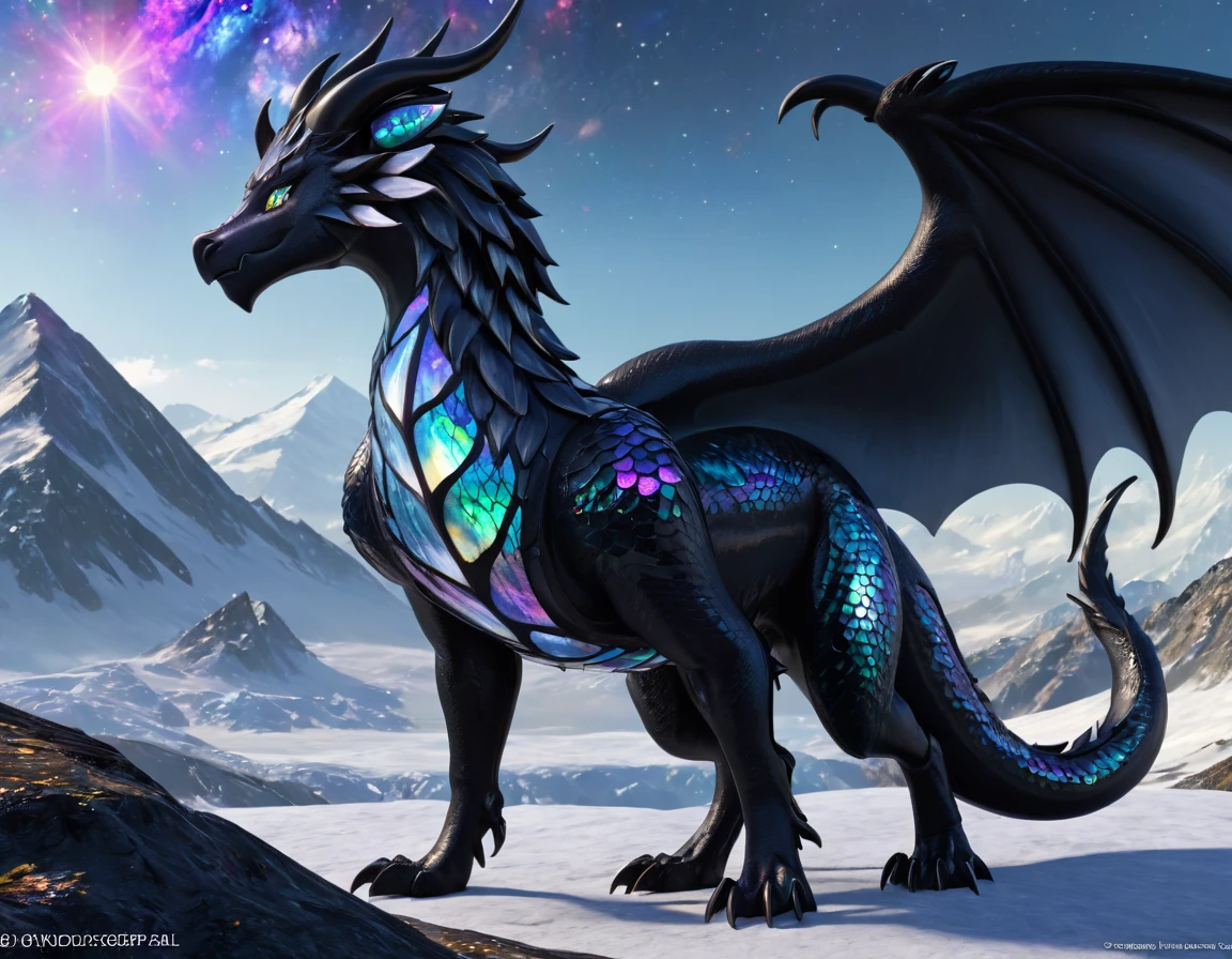 full body portrait of a realistic female obsidian dragon, opal scales, white opal eyes, universe in the scales, huge, long body, wings, many horns, horns, antlers, twisting horns, curled horns, wolf shaped head, opalescent scales, white eyes, mysterious mountain scenery, full body, cinematic, render, 8k, unreal engine, realistic, masterpiece, high detail, full body, low life, extremely intricate, extreme detail, volumetric lighting