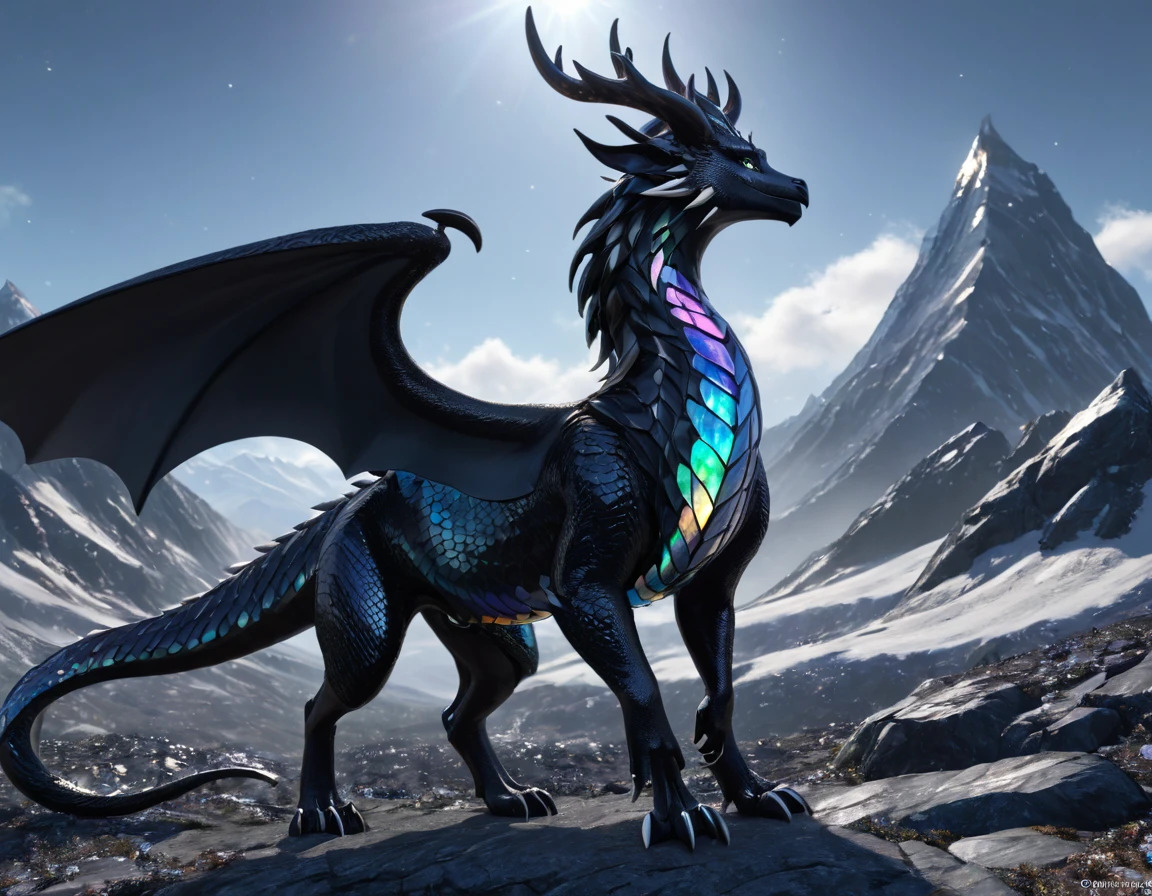 full body portrait of a realistic female obsidian dragon, opal scales, white opal eyes, universe in the scales, huge, long body, wings, many horns, horns, antlers, twisting horns, curled horns, wolf shaped head, opalescent scales, white eyes, mysterious mountain scenery, full body, cinematic, render, 8k, unreal engine, realistic, masterpiece, high detail, full body, low life, extremely intricate, extreme detail, volumetric lighting