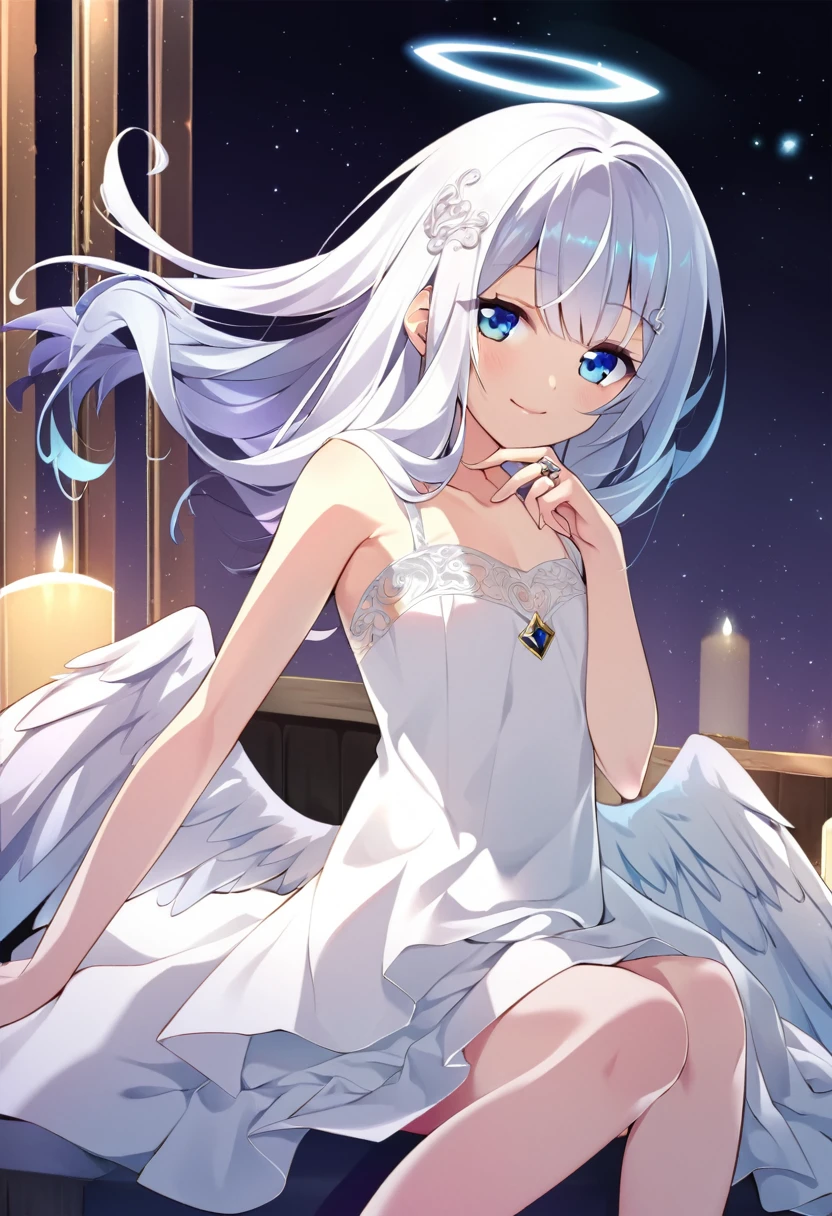 one girl, fallen angel, angel wing, angel ring, sacred, cute, naive, sitting, , beautiful, light blue eyes, white dress, white hair, smile gently at me, girl focus