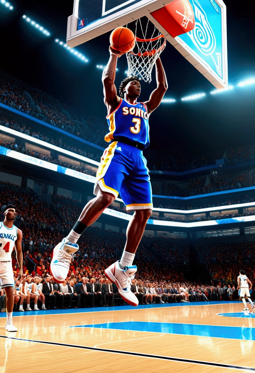 powerful basketball Dunk, Game-Winning Dunk, Miles Prower from "Sonic the Hedgehog", hold basketball, full body, cinematic still, (best quality, masterpiece), very aesthetic, perfect composition, intricate details, ultra-detailed, vivid colors