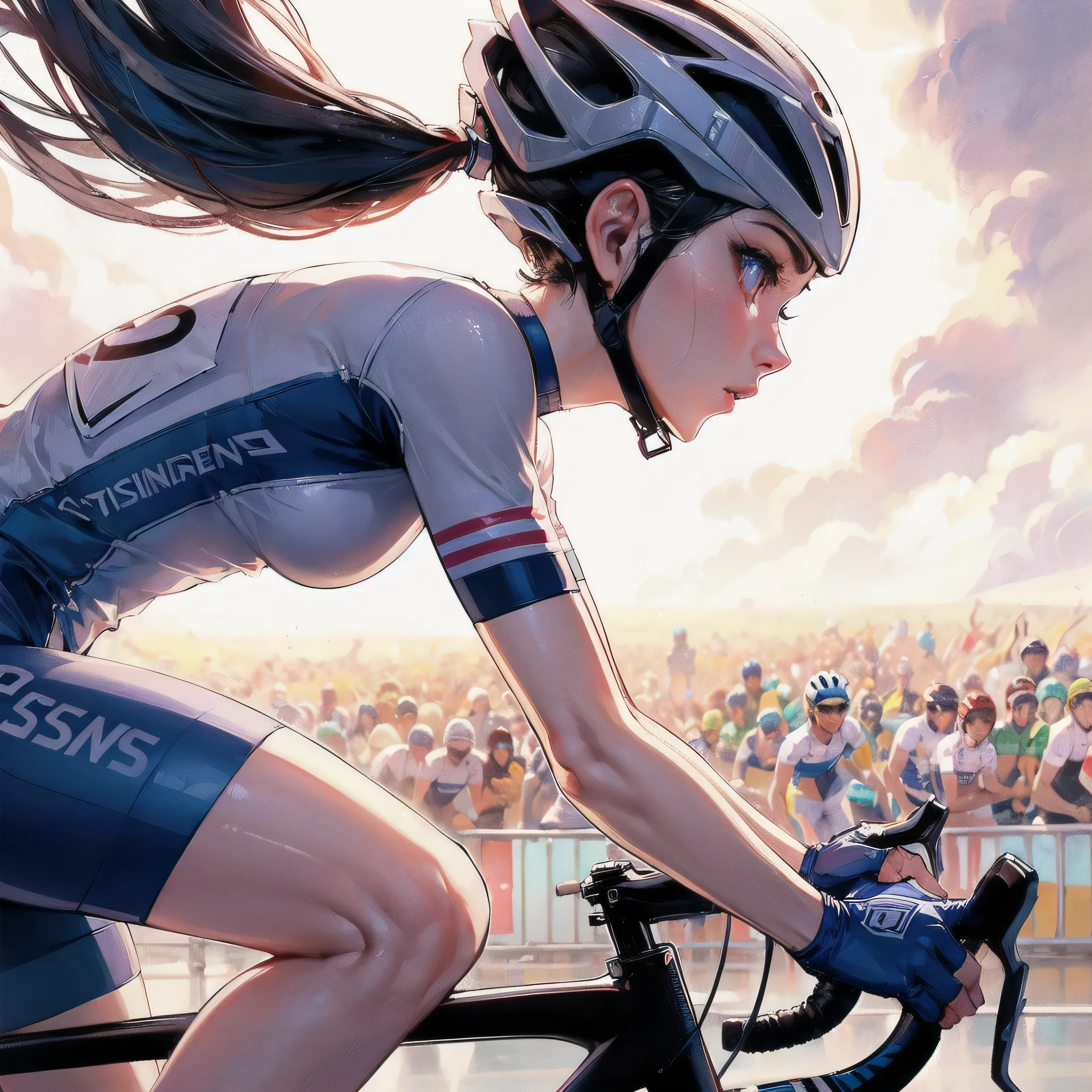masterpiece, (textured skin), best quality, gorgeous beautiful girl, (a female cycling athlete), detailed clothes,large breasts,narrow waist,, (beautiful face), cinematic lighting, (at cycling venue ),