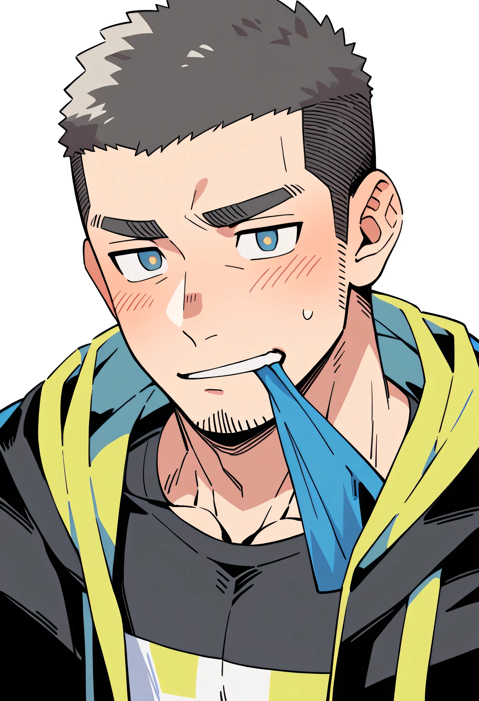 anime characters：Priapus, Muscle Sports Student, Buzz Cut, Manliness, male focus, Sports tight hooded sweatshirt, Very tight, full and perky chest muscles, muscular male, muscular, only, Upper body, alone, Black short hair, Thick eyebrows, stubble, Brown-red pupils, White background, simple background, amazing quality, best aesthetics, Ridiculous, crew cut, blush, Biting a pair of white panties, embarrassed, shy, endured face, negative space, best quality