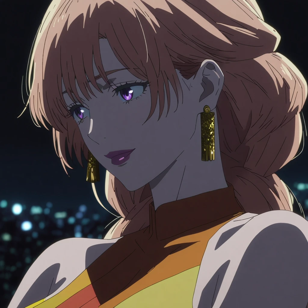 1girl, female gojo satoru, anime screencap from jujutsu kaisen, gojo satoru female version, solo, long_hair, purple eyes (Orange hair, elegant hairstyle), night view, (hanging breasts) upper_body, smile, purple_eyes, lips, ((wearing orange colour strip dress)) breast, "very detailed and high resolution" (purple eyes) ((cross arms)) ((long hair, elegant hairstyle)) ((solo)) (front view) (earings) ((high resolution)) ((good quality))