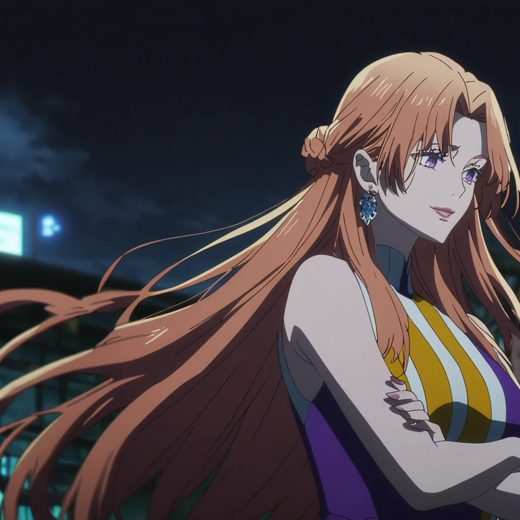 1girl, female gojo satoru, anime screencap from jujutsu kaisen, gojo satoru female version, solo, long_hair, purple eyes (Orange hair, elegant hairstyle), night view, (hanging breasts) upper_body, smile, purple_eyes, lips, ((wearing orange colour strip dress)) breast, "very detailed and high resolution" (purple eyes) ((cross arms)) ((long hair, elegant hairstyle)) ((solo)) (front view) (earings) ((high resolution)) ((good quality)) 