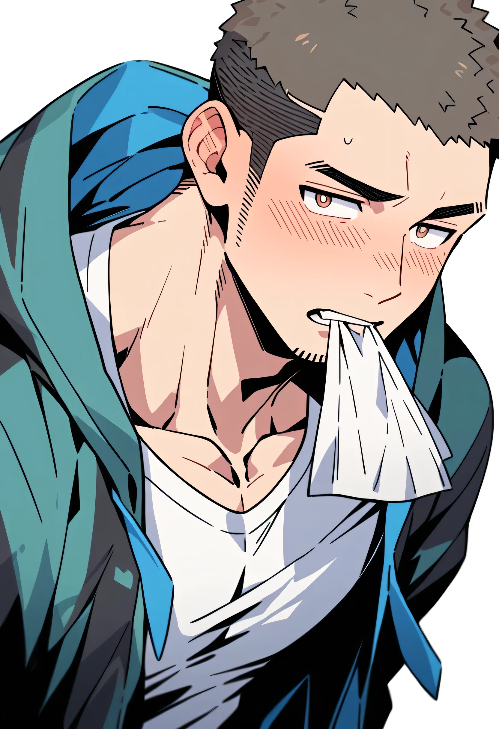 anime characters:Priapus, Muscle Sports Student, Buzz Cut, Manliness, male focus, Sports tight hooded sweatshirt, Very tight, full and perky chest muscles, muscular male, muscular, only, Upper body, alone, Black short hair, Thick eyebrows, stubble, Brown-red pupils, White background, simple background, amazing quality, best aesthetics, Ridiculous, crew cut, blush, Biting a pair of white panties, embarrassed, shy, endured face, negative space, best quality