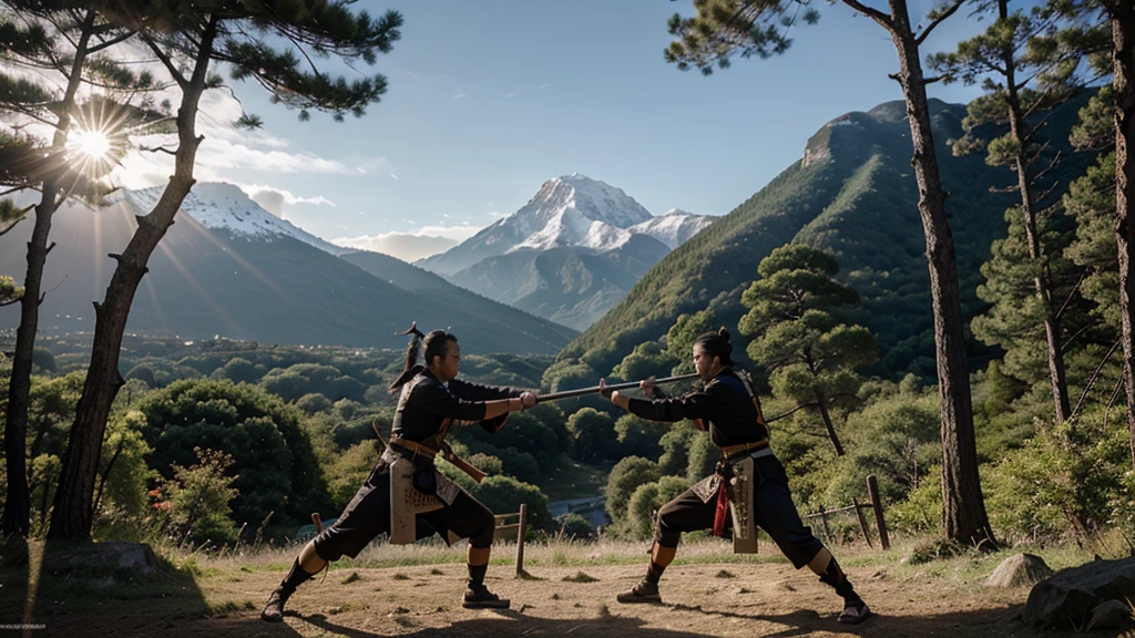 two samurai fighting in a forest with mountain background