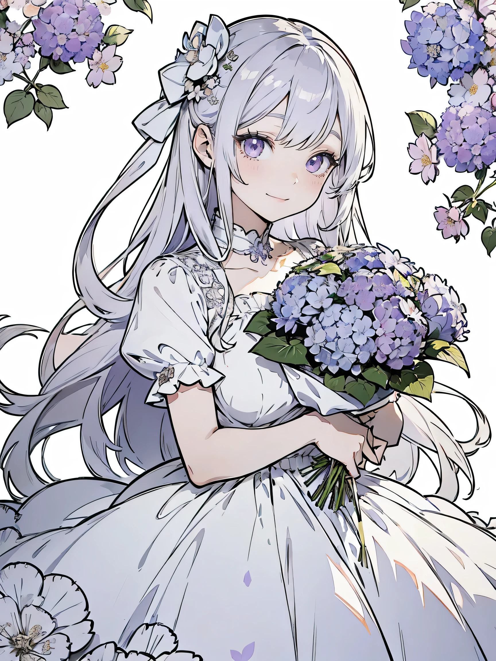 Anime girl with long white hair and a purple dress holding a bouquet, Anime Drawings, Hydrangea, Anime Goddess, purple eyes and White Dress, Wearing a dress, White Dress, Silver Hair, Beautiful anime artwork, Beautiful floral background, pretty girl, smile, Strong outline, most Flowers in detail, Flowers in detail, Flowers in detail,