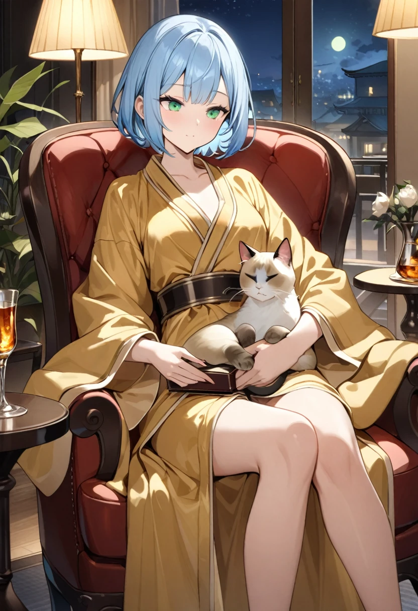 Light blue hair、Short Bob、Deep green eyes、Small breasts、Age 25、An elegant study、Sit in an easy chair、Golden bathrobe、Siamese cat sleeping on lap、Brandy glass in hand、night
