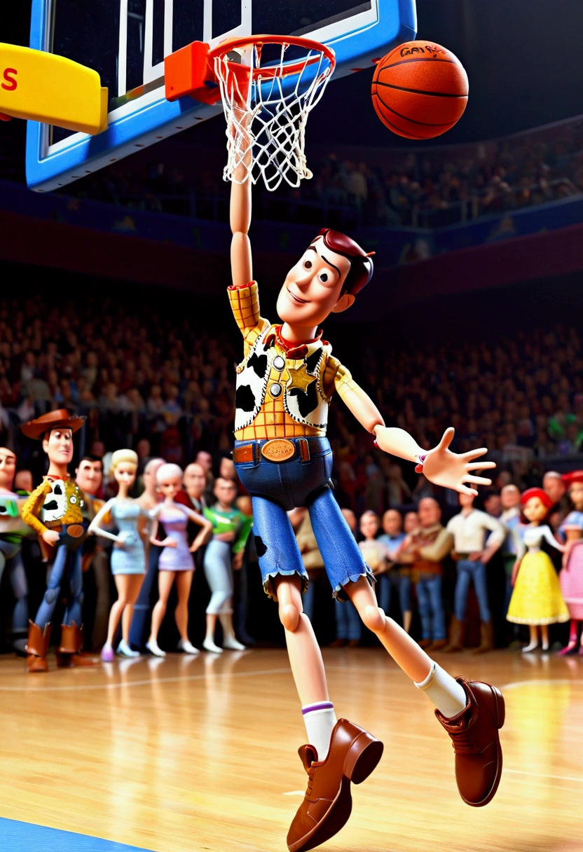 powerful basketball Dunk, Game-Winning Dunk, movie "Toy Story", hold basketball, full body, cinematic still, (best quality, masterpiece), very aesthetic, perfect composition, intricate details, ultra-detailed, vivid colors