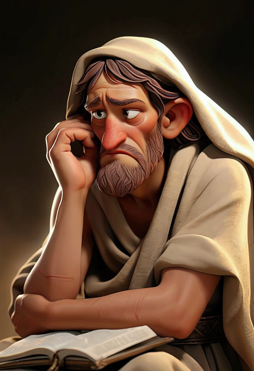 Job, in the bible now afflicted with painful sores and sitting in sackcloth and ashes, faces the emotional burden of his suffering