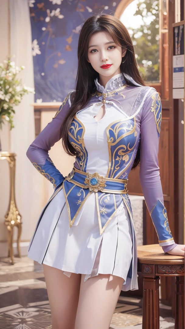 best quality, tmasterpiece,Ultra-high resolution,Clear face,(Reality:1.4),ferpect lighting,(upper body shot), (photorealistic:1.50), anime wallpaper, Guviz style artwork, cover-up fantasy up to magic , by Yang J, Guviz, beautiful artwork illustration, beautiful digital artwork, beautiful digital illustration, Li Song, beautiful anime portrait, art style in Beauvot, Lips wear thick red lipstick,(smille 1:1)
