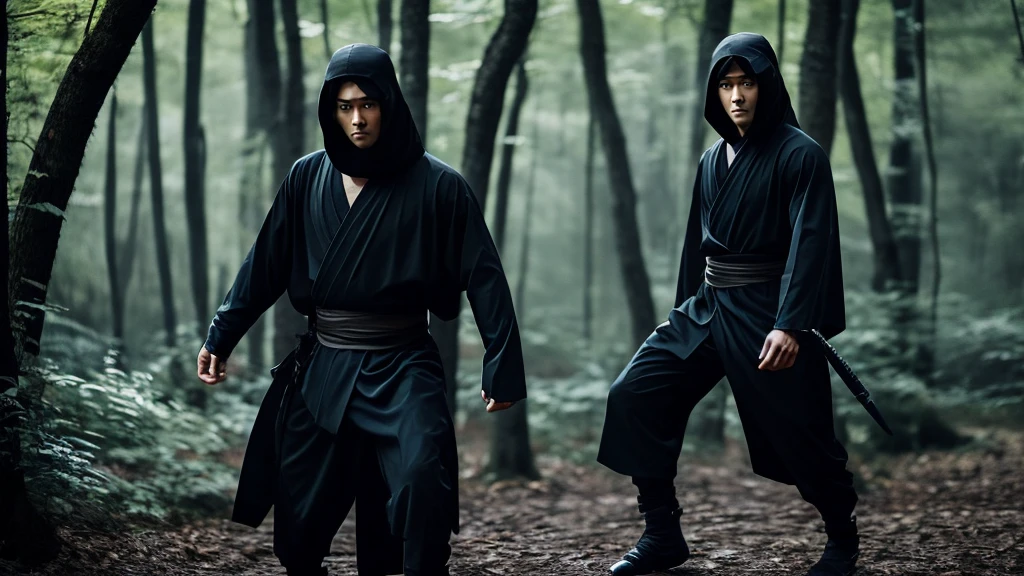 A black-haired ninja man with ninja clothes, and ninja weapons, in a dark forest