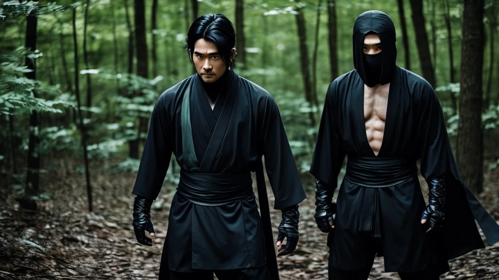 A black-haired ninja man with ninja clothes, and ninja weapons, in a dark forest