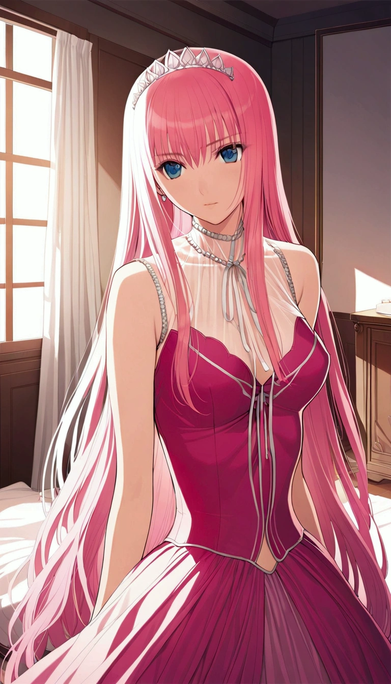 Browsing Caution:1.1,masterpiece:1.3,Detailed and beautiful depiction 1.3,Official Art,Beautiful adult woman ,Megurine Luka,Pink long hair,blue eyes,,Bedroom