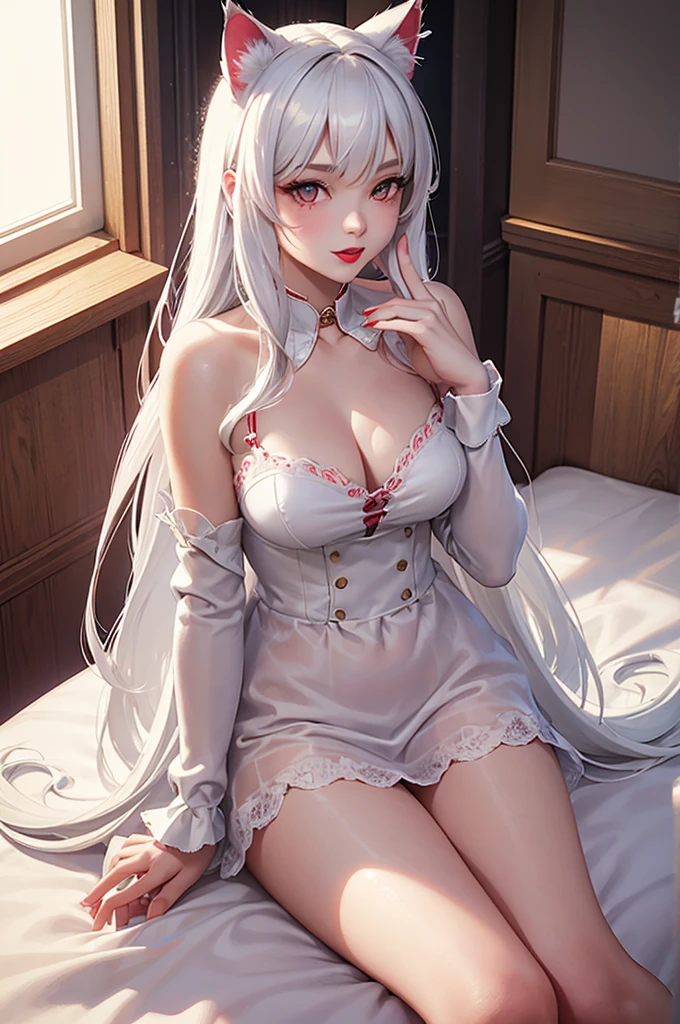 Detailed facial details，，1 girl，Red lips，Cat ear，White long hair，Wearing snow-white lace pajamas，Large Breasts，Slim，Handcuffs，Collar，Radiant Skin，Sitting on the bed，bedroom