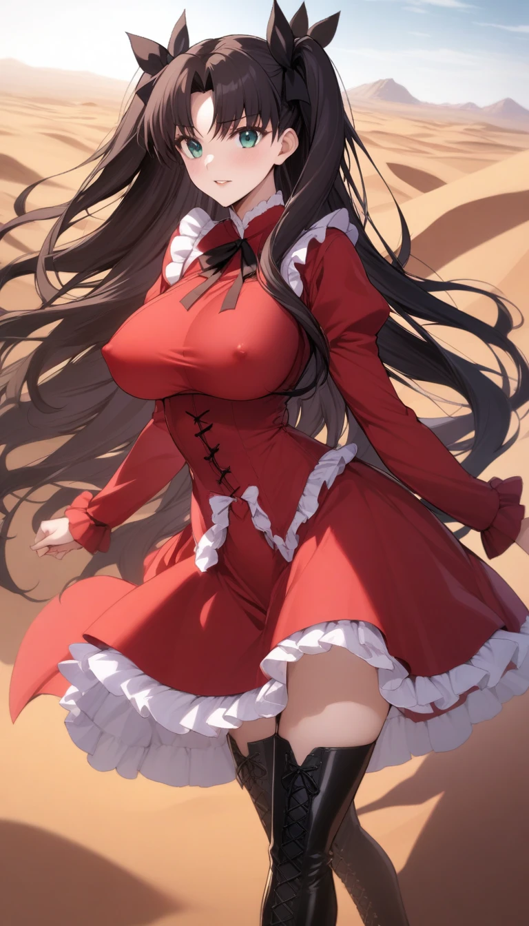 masterpiece, best quality, very aesthetic, absurdres, 1girl, mature_lady, ,tohsaka_rin, fate/stay_night, fate_(series), 1girl, aqua_eyes, black_hair, two_side_up, long_hair,black hair_ribbon,,red_dress, frilled_dress, frills, ta_fashion, boots, cross-laced_footwear, black_footwear,in desert,floating_hair,covered_nipples