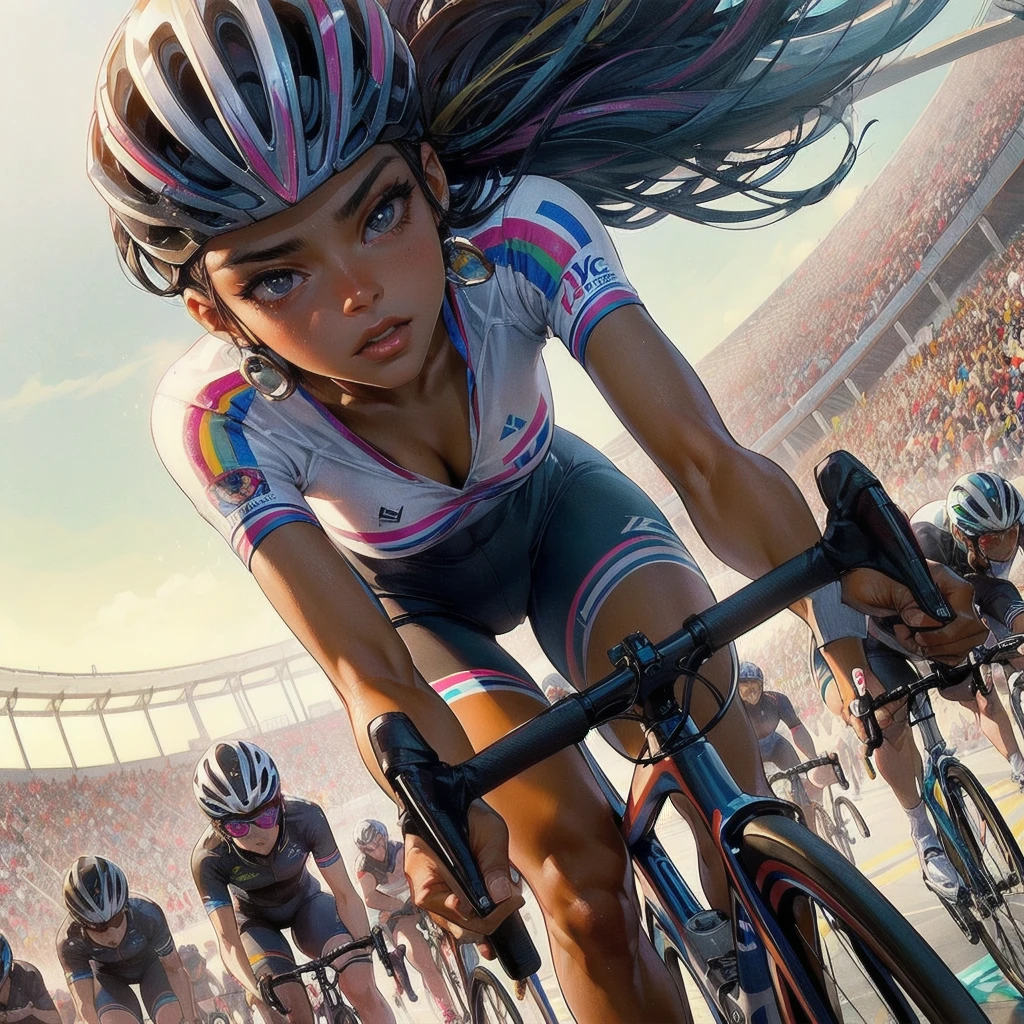  masterpiece, (textured skin), best quality, gorgeous beautiful girl, (a female cycling athlete), detailed clothes,large breasts,narrow waist,, (beautiful face), cinematic lighting, (at cycling venue ),