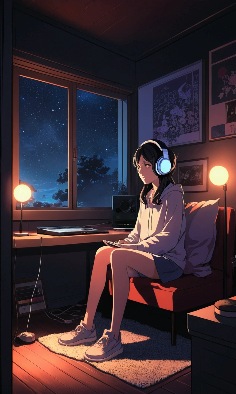 Girl listening to music in a cozy room at night, Wearing Headphones, anime 2D style, lo-fi, Hard disk, dark surroundings