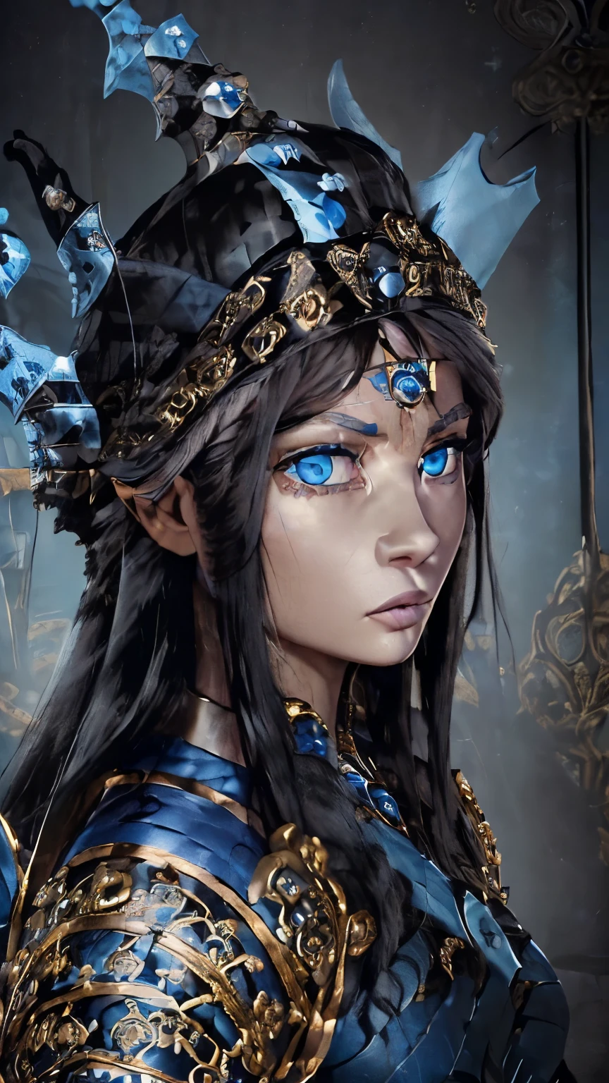 (Highest quality, High resolution, Realistic:1.37)Very detailed, Extremely fine resolution, (Symmetrical eyes:1.3),(best quality , masterpice;1.3), (photo realistic:1.36), 8k,(best shadow),"A highly detailed and photo-realistic illustration featuring a beautiful Semiramis on an expedition. ((She has long black hair and blue eyes, wearing ornate and elaborate armor and a blue crown1:2)). She is in a dynamic pose, not looking directly at the camera. ((The background depicts an ancient battlefield with elements of ruins and chaos.)) The scene should have realistic lighting, shadows, and textures, capturing the grandeur and determination of Semiramis in the midst of an epic battle." ((The scene includes numerous enemy and ally soldiers engaged in the battle, adding to the intensity and chaos))