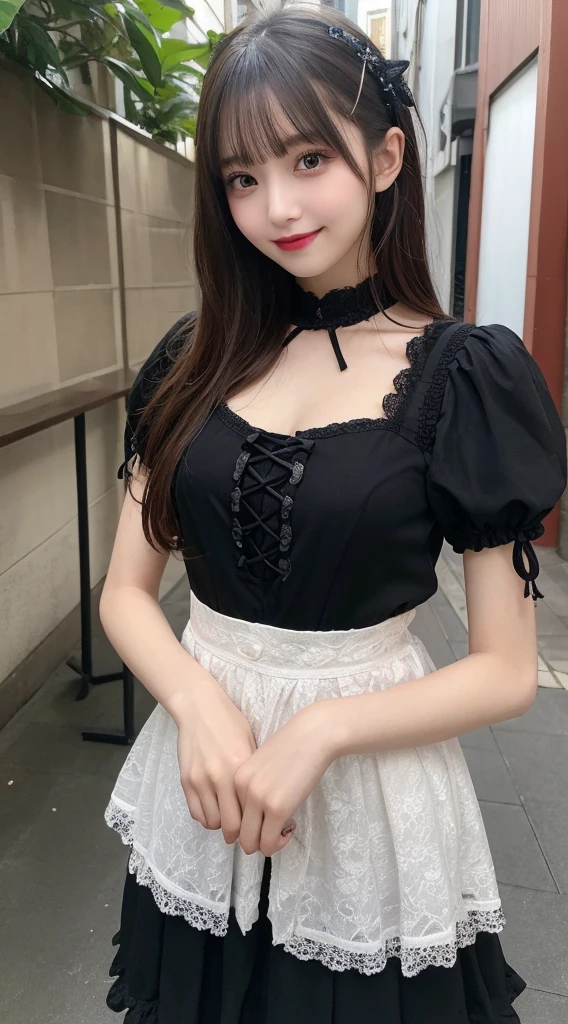 table top, highest quality, figure, super detailed, finely, High resolution, 8k wallpaper, Perfect dynamic composition, beautiful and fine eyes, medium hair,small breasts natural color lip, bold sexy pose,smile,harajuku、20 year old girl、cute、sexy shot looking at camera、gothic lolita clothes、skirt、blouse