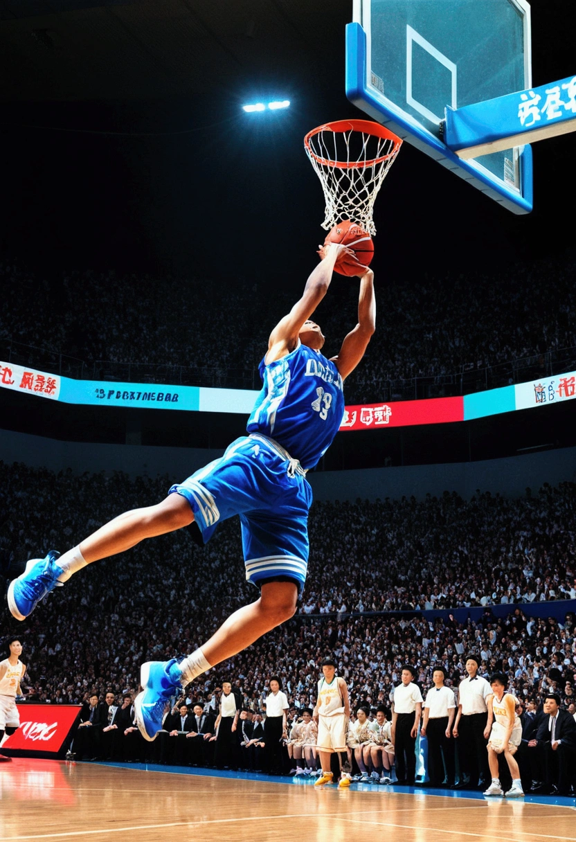 powerful basketball Dunk, Game-Winning Dunk, by Chiho Aoshima, full body, cinematic still, (best quality, masterpiece), very aesthetic, perfect composition, intricate details, ultra-detailed, vivid colors