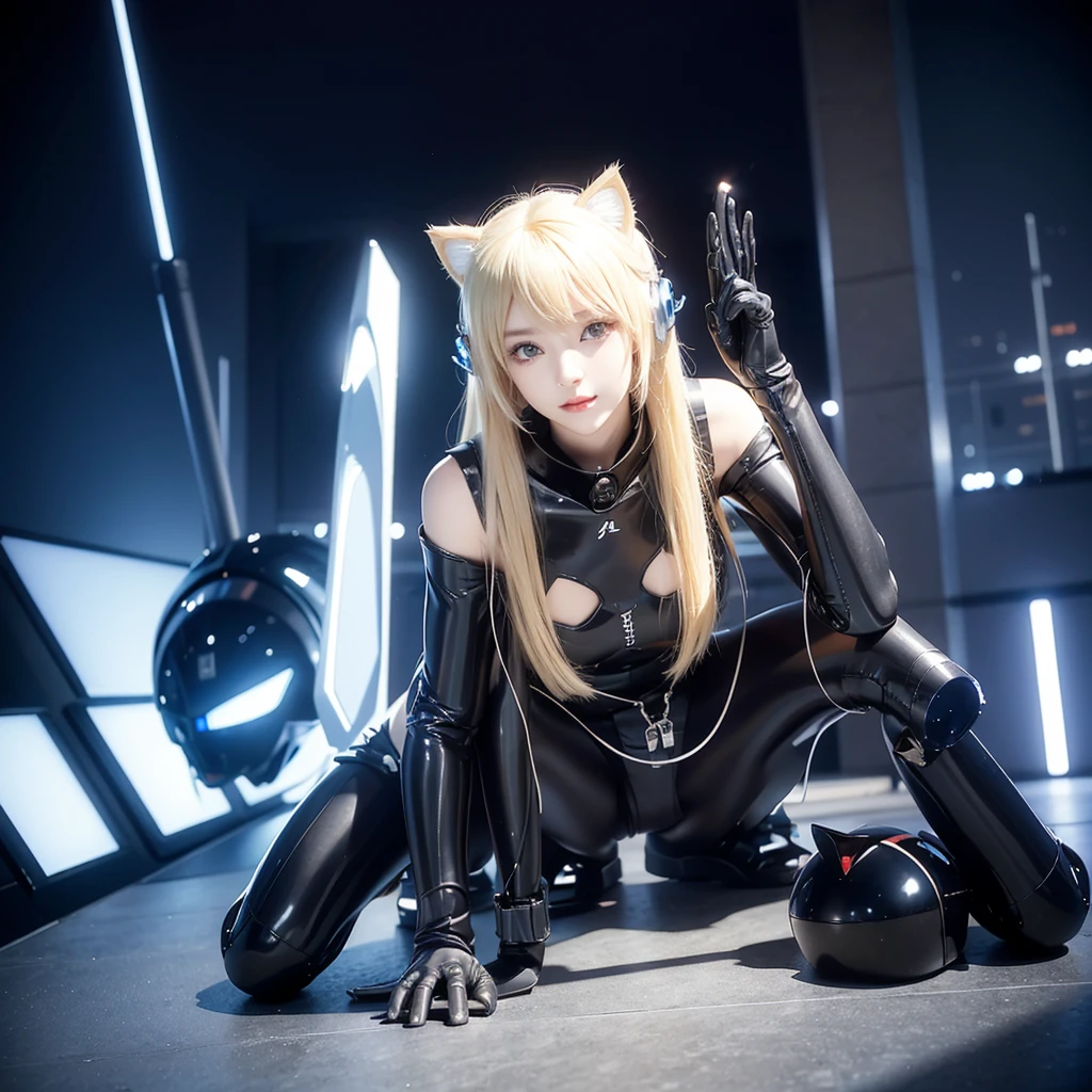 Cat ear helmet、Blonde、Futuristic、Kneel, stretch your right arm horizontally, and point to the left of the screen.、Cyber Sense、Real、フォトReal、High resolution、Robot cockpit。