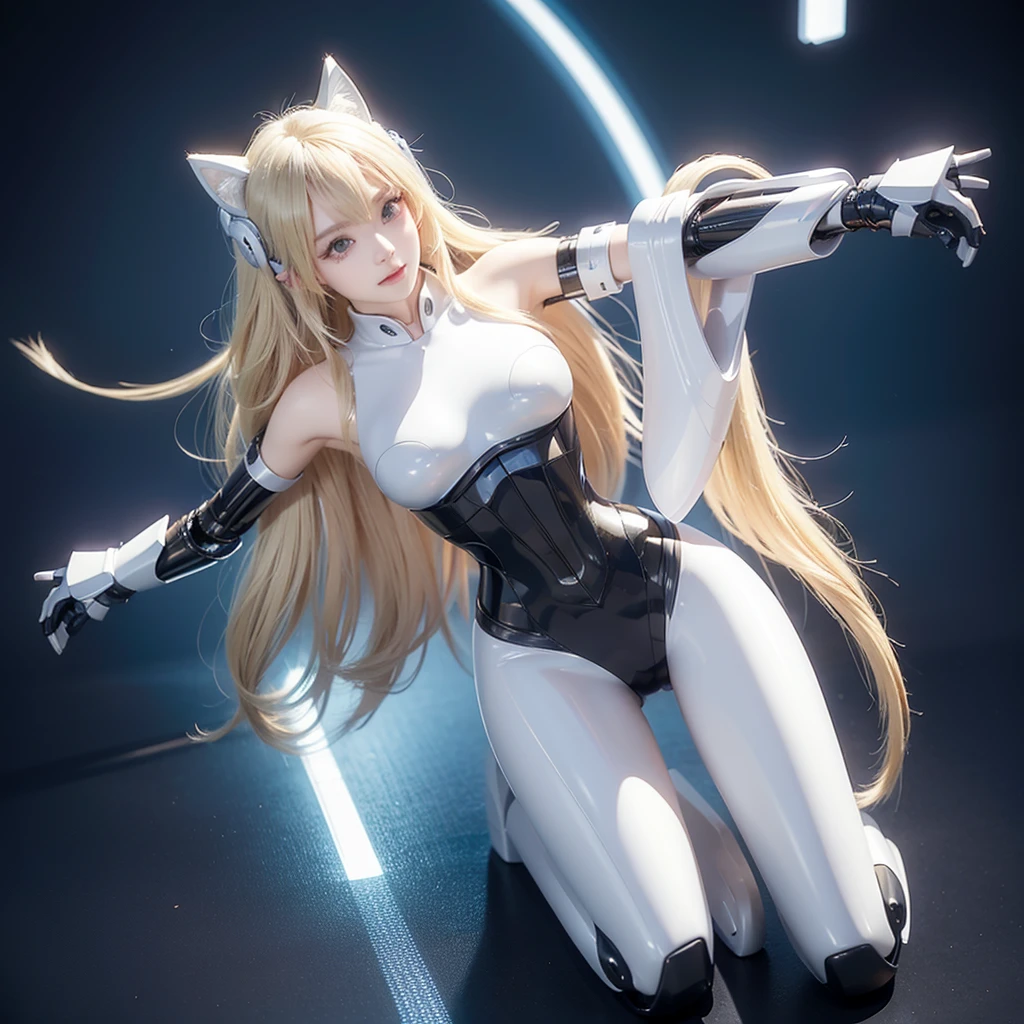 Cat ear helmet、Blonde、Futuristic、Kneel, stretch your right arm horizontally, and point to the left of the screen.、Cyber Sense、Real、フォトReal、High resolution、Robot cockpit。