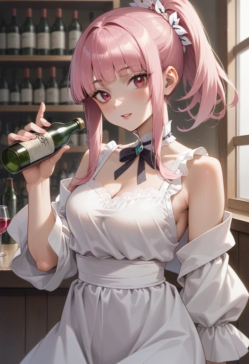 anime girl with pink hair holding a bottle of wine, marin kitagawa fanart, rei hino as a princess, made with anime painter studio, anime girl drinks energy drink, yayoi kasuma, inspired by Leiko Ikemura, illustrious makinami, anime girl named lucy, my dress up darling anime, in anime style, juri misaki
