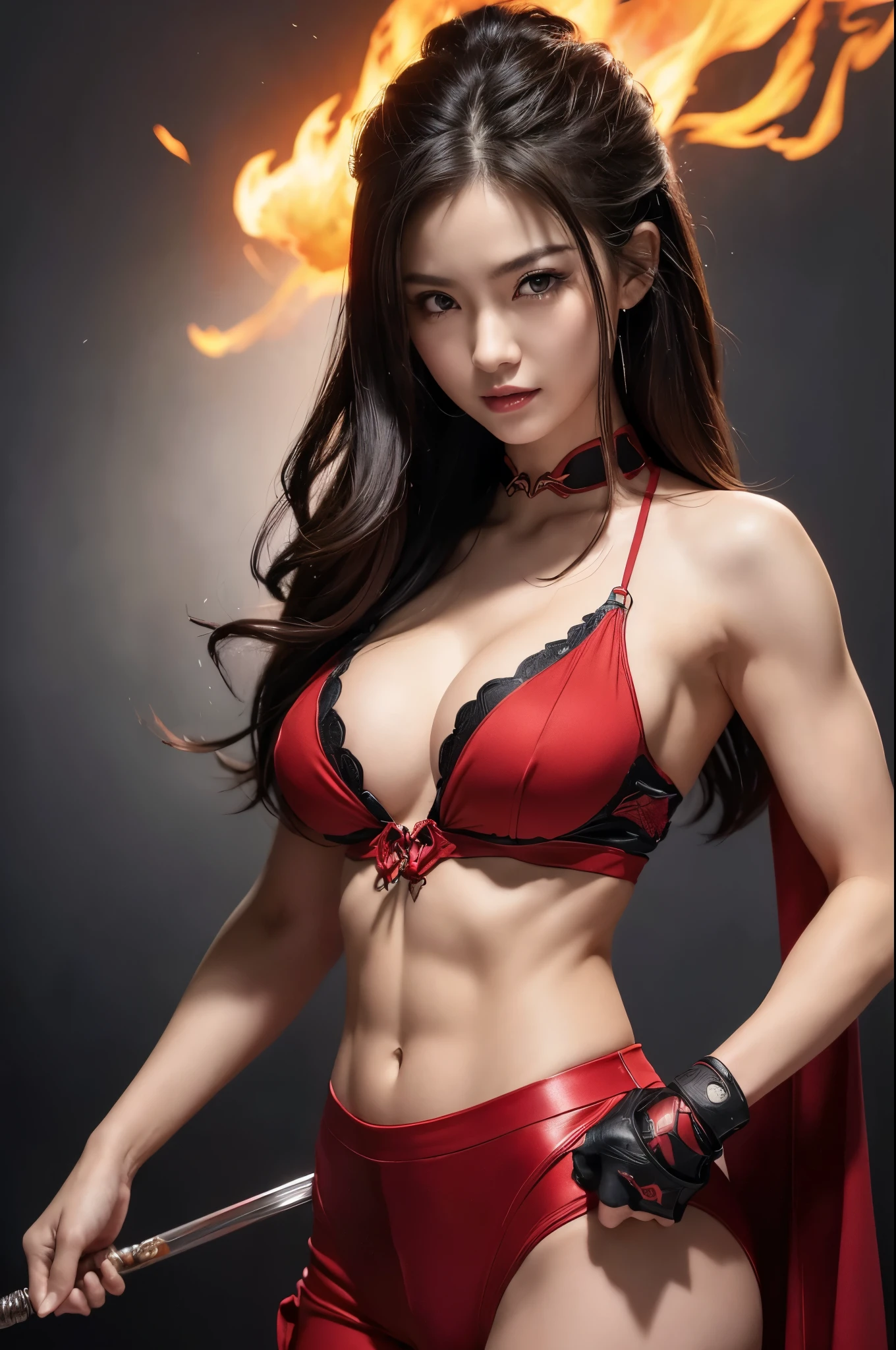 Browsing Caution、Black light、Real Art、Slim and muscular macho manな女性、Super Beauty(Like the real thing)、Strong muscle beauty,Iris、Ultra high definition、One mature woman、Light brown mohawk、Mature Demon Slayer: Kimetsu no Yaiba: Kimetsu no Yaiba、Cool smile、Very large breasts、Glowing Iris、Slim and muscular macho man、Lean and muscular lower body、Gorgeous Red Large Chest Chest Armor、Luxury black and red pants、Gorgeous red shoulder pads,Detailed light、An illustration、Dynamic Angle、Depth of written boundary、(((((())))、Combat poseをとる成熟した女性、Show me your fangs、(Super A)High resolution、Best image quality)、(8k、RAW Photos、Best image quality、masterpiece)、sense of technology、Best image quality、masterpiece、Awareness-raising、CG、Sense of unity、wallpaper、Official Art、Amazing、In detail、Very delicate and beautiful、Attention to detail、Attention to detail、Clear focus、Rich background、(Real People、image)、((High resolutionの肌))、A large flame burning red from the body(Tone flame effect)(There are many big flames)Fantasy art、Shoulder muscles abdominal muscles、Arm Muscles,Ultra-Realistic Skin、Combat pose,Look at the viewers,Big Energy,Japanese,