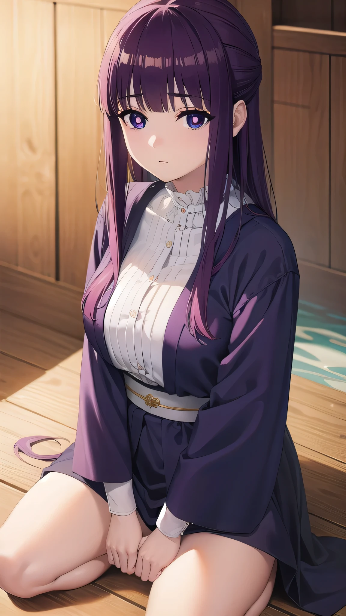 BREAK looking at viewer, BREAK (masterpiece:1.2), best quality, high resolution, unity 8k wallpaper, (illustration:0.8), (beautiful detailed eyes:1.6), extremely detailed face, perfect lighting, extremely detailed CG, (perfect hands, perfect anatomy)fern, long hair, bangs, (purple eyes:1.1), purple hair, sidelocks, blunt bangs, (bright pupils:1.5),onsen,hot springs, night, half updo,
long sleeves,Japanese clothes,yukata, sash, cleavege,neckline,stockings,from above,upskirt,showing panties,camel toe,,staying on knees,on knees