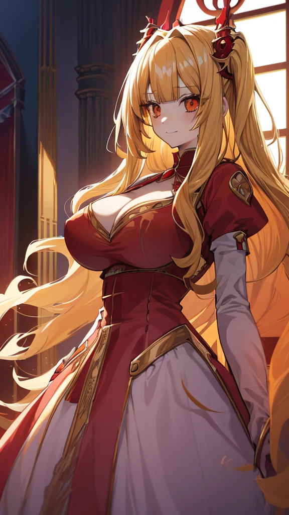 best quality, extremely detailed,anime style girl,((wavy)) long hair,((((blunt bangs)))),(hair between eyes),((bright blond hair)),beautiful detailed eyes,Orange eyes,Sharp eyes with many eyelashes,huge breasts,(((scarlet princess dress))),hair ornament,Luxurious room in castle,smile,tunndere