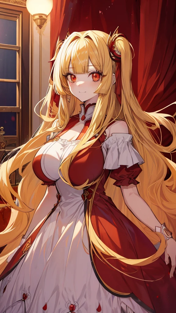 best quality, extremely detailed,anime style girl,((wavy)) long hair,((((blunt bangs)))),(hair between eyes),((bright blond hair)),beautiful detailed eyes,Orange eyes,Sharp eyes with many eyelashes,huge breasts,(((scarlet princess dress))),hair ornament,Luxurious room in castle,smile,tunndere