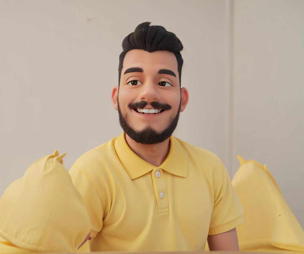 man black hair smiling yellow polo shirt