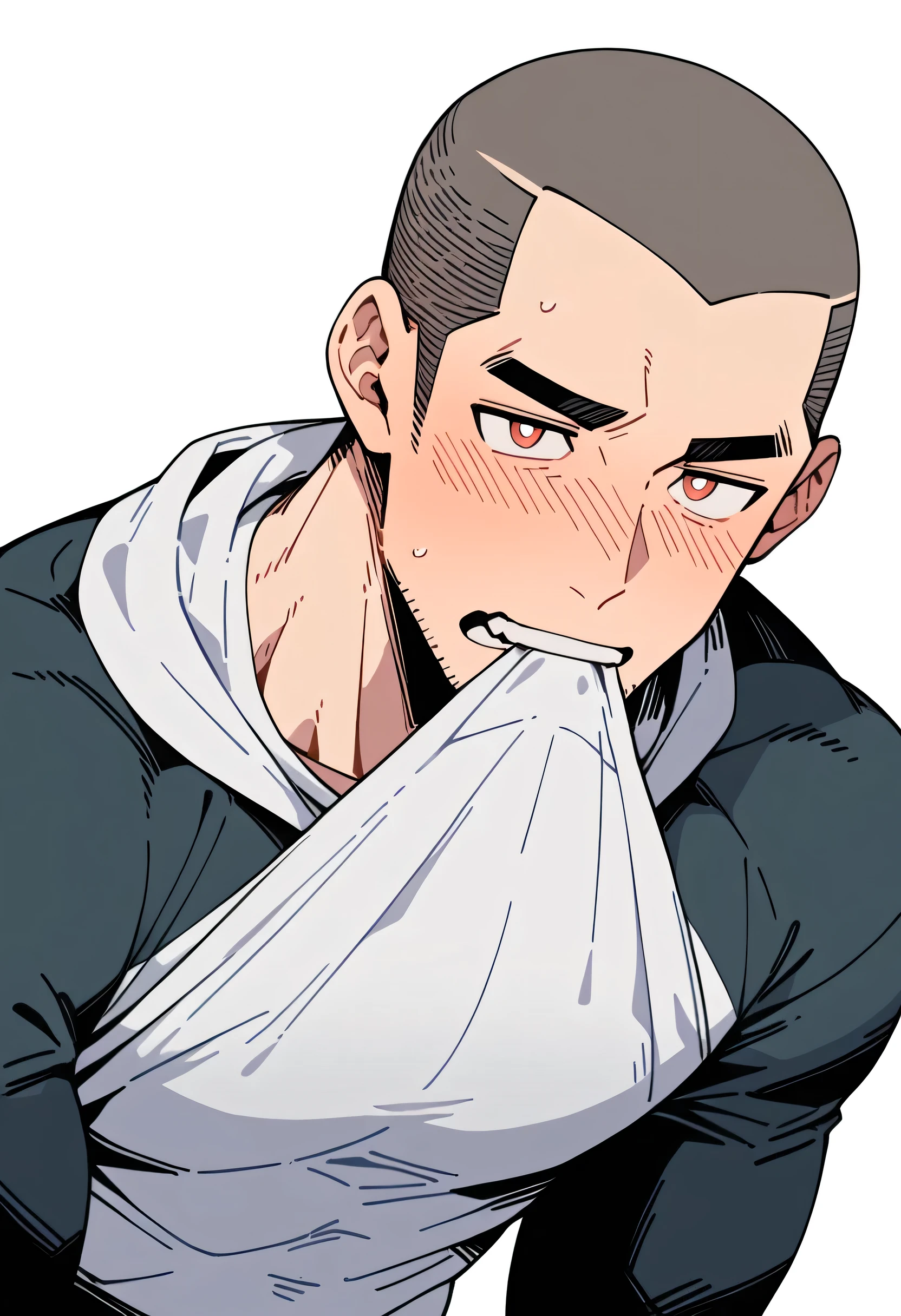 anime characters:Priapus, Muscle Sports Student, Buzz Cut, Manliness, male focus, Sports tight hooded sweatshirt, Very tight, full and perky chest muscles, muscular male, muscular, only, Upper body, alone, Black short hair, Thick eyebrows, stubble, Brown-red pupils, White background, simple background, amazing quality, best aesthetics, Ridiculous, crew cut, blush, Biting a pair of white panties, embarrassed, shy, endured face, negative space, best quality