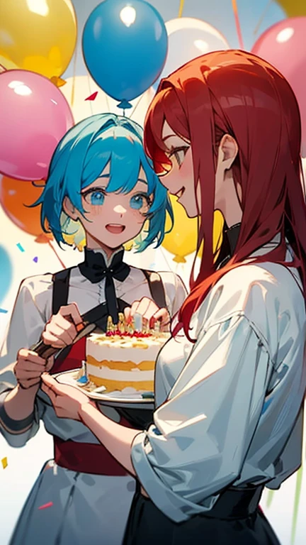 Three female characters celebrating a birthday: one with short blonde hair, another with long red hair and the protagonist with short, light blue hair. The background shows a birthday party with balloons, confetti and a large decorated cake. They are dressed in festive clothes and have happy expressions. The blonde is on the left, the redhead on the right and the protagonist with blue hair in the center, holding the cake. The scene is colorful and vibrant, capturing the spirit of the celebration.