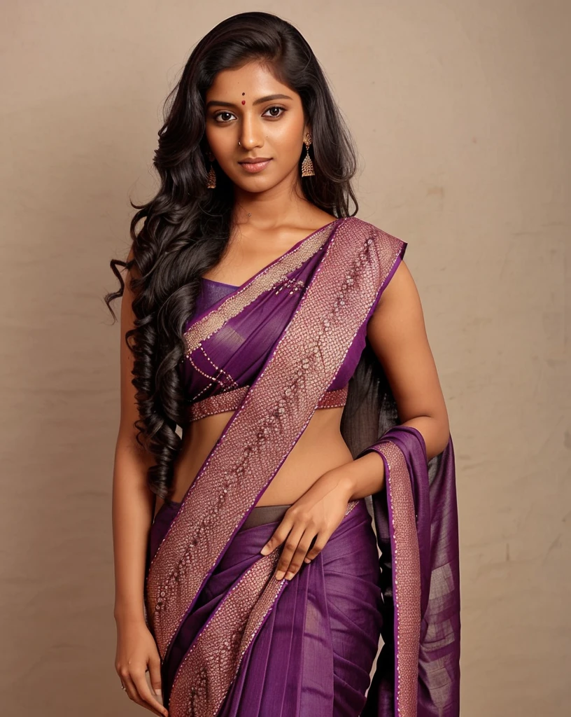 professional portrait photo, fully dressed, plain, 25-year-old, wearing intricate Kanjeevaram Silk Saree, flat matte background, desiespresso