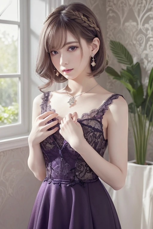 Dark Purple Lace Good, (((Very elegant and beautiful, Perfect detail, Very detailed))), whole body, The most detailed girl, Written boundary depth, 美しく詳細なwhole body, Thin legs, 1 girl, 30 years old, Very short hair, Spiked Hair, Gray and silver hair, Beautiful detailed hair, Perfect Face, Expressionless, Beautiful, detailed, deep eyes, Please open your mouth a little, Delicate arms and hands, Pale skin, Earrings, Beautiful and gorgeous necklace, Colorful background, HD background, Blurred Background, Very delicate and beautiful, masterpiece, (((Highest quality, Very beautiful 8K CG wallpaper))), (((Trendy hairstyles))), (Inside the room,Stylish interior,window),