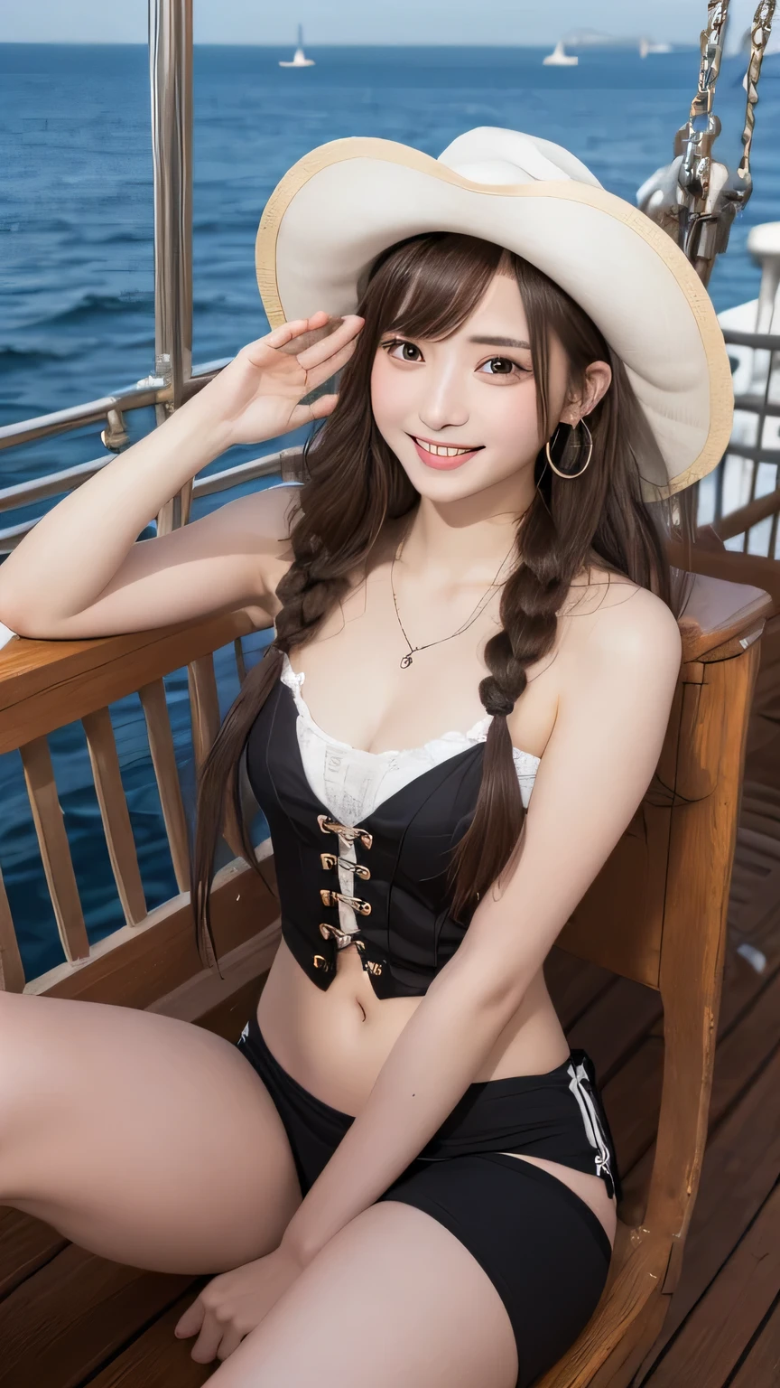 Best picture quality (8k, high resolution, Masterpiece: 1.2), super detailed,  215 Short Hair,Three braids long hair, 26-year-old woman, 

Final Fantasy、yuna、On the pirate ship、on deck、Pirate costumes、Pirate's big hat、Brown Eyes , One Piece chopper&#39;s outfit


,Active Pause ,
Beside her、The thunder danced。
Focus on the waist above


, random cute pose ,big eyes ,Puffy eyes ,  Heart Pupil, blush  , huge shy smile , salute
