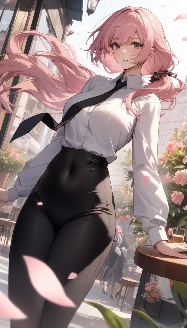 masterpiece, best quality, very aesthetic, absurdres, 1girl, mature_lady, ,gasai_yuno(mirai_nikki), 1girl, pink_hair, long_hair, low double ponytail,,white_shirt, black_necktie, black_pants, high-waist_pants, long_sleeves,,surrounding by flowers,falling_petals, outdoors, petals,,in a cafe,floating_hair,covered_navel