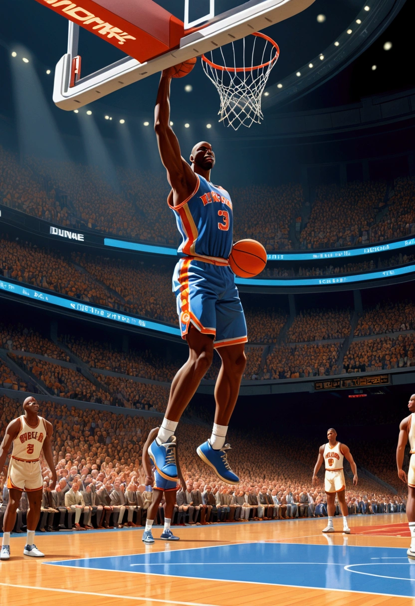 powerful basketball Dunk, Game-Winning Dunk, by Ralph McQuarrie, full body, cinematic still, (best quality, masterpiece), very aesthetic, perfect composition, intricate details, ultra-detailed, vivid colors