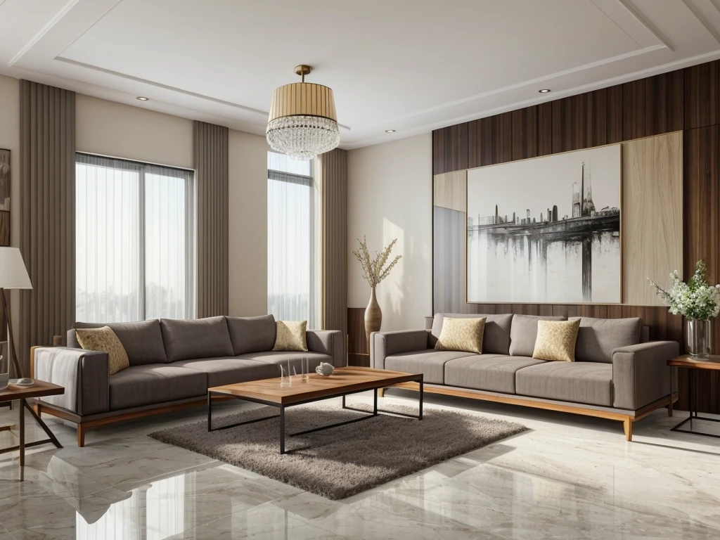 Brown sofa,coffee table,matte marble floor,grey carpet,vase,wooden wall cabinet,mural,single sofa,dining table,tableware,decorations,sunlight,floor-to-ceiling Windows,Light luxury and simple style,strong sense of reality,rich detail,masterpiece,ultra clear quality,qingshe, UHD, Ultra HD, 8K, super realistic 