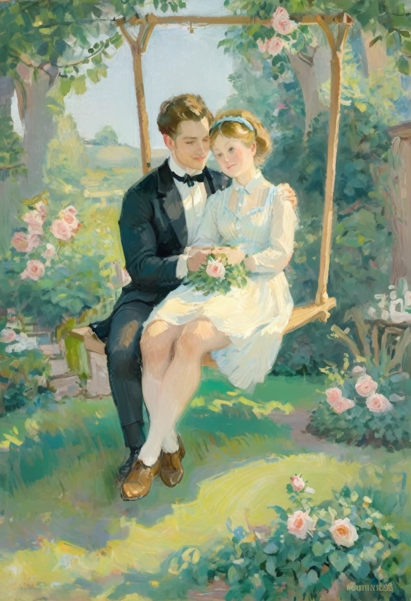 oil painting of handsome couple of hunk irish mens with a wedding suits,cuddling,in a beautiful rose swing,morning bright, warm vibrant,by beatrix potter,soft shadows,dreamy,etheral atmosphere,masterpiece,baroque,masterpiece,sharp details,massive level of details,trending on pinterest,