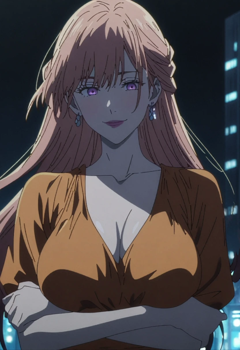 1girl, female gojo satoru, anime screencap from jujutsu kaisen, gojo satoru female version, solo, long_hair, purple eyes (Orange hair, elegant hairstyle), night view, (hanging breasts) upper_body, smile, purple_eyes, lips, ((wearing orange colour dress)) breast, "very detailed and high resolution" (purple eyes) ((cross arms)) ((long hair, elegant hairstyle)) ((solo)) (front view) (earings) ((high resolution)) ((good quality))