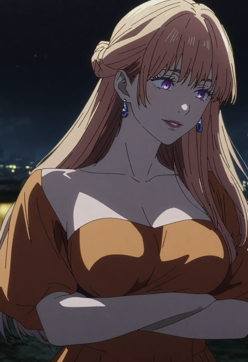 1girl, female gojo satoru, anime screencap from jujutsu kaisen, gojo satoru female version, solo, long_hair, purple eyes (Orange hair, elegant hairstyle), night view, (hanging breasts) upper_body, smile, purple_eyes, lips, ((wearing orange colour dress)) breast, "very detailed and high resolution" (purple eyes) ((cross arms)) ((long hair, elegant hairstyle)) ((solo)) (front view) (earings) ((high resolution)) ((good quality)) 