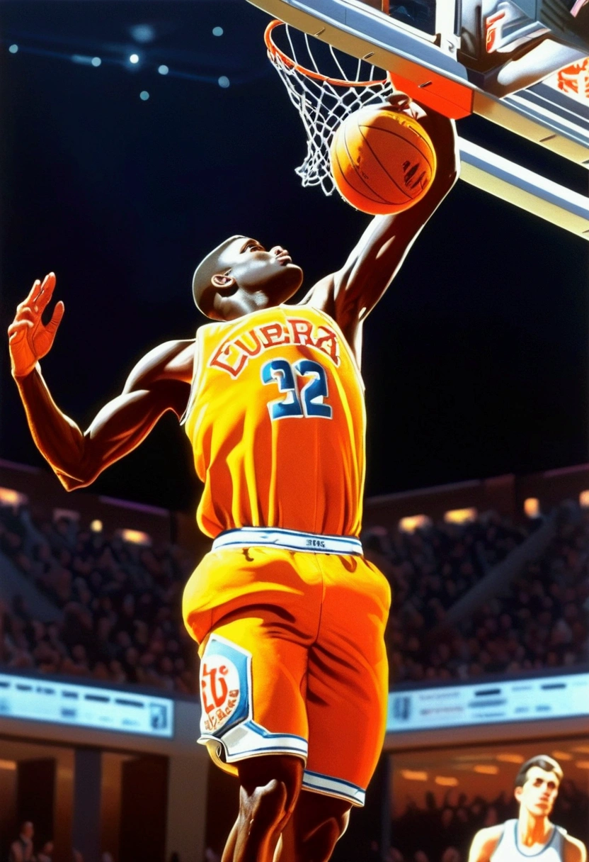 powerful basketball Dunk, Game-Winning Dunk, by Ralph McQuarrie, full body, cinematic still, (best quality, masterpiece), very aesthetic, perfect composition, intricate details, ultra-detailed, vivid colors